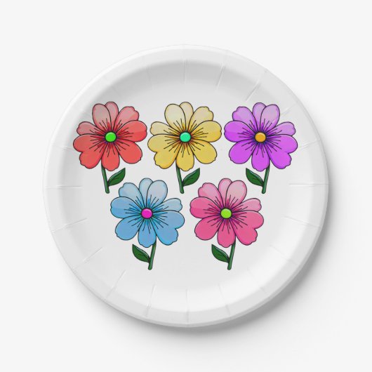 5色の花デザイン ペーパープレート (正面)
