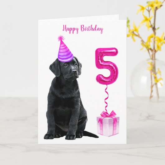 5誕生日子犬のテーマ – かわいい犬ピンクの女の子パウィティ カード (黄色い花)