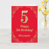 5誕生日赤と金ゴールドグリッター枠 カード (黄色い花)