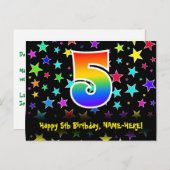 5誕生日:おもしろい星パターン、虹5、名前 ポストカード (正面/裏面)