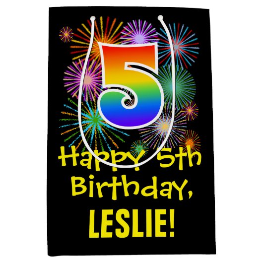 5誕生日:おもしろい花火パターン+虹5 ミディアムペーパーバッグ (正面)