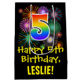 5誕生日:おもしろい花火パターン+虹5 ミディアムペーパーバッグ (裏面)