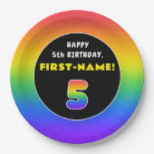 5誕生日:カラフルレインボー5、名前をカスタムする ペーパープレート (正面)