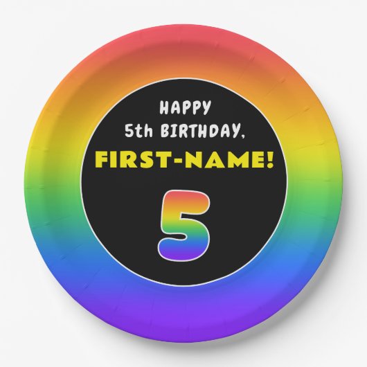 5誕生日:カラフルレインボー5、名前をカスタムする ペーパープレート (正面)