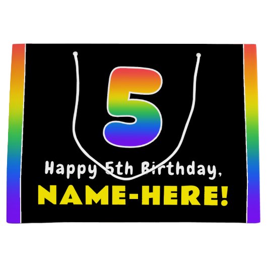 5誕生日:カラフルレインボー5、名前をカスタムする ラージペーパーバッグ (正面)