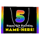 5誕生日:カラフルレインボー5、名前をカスタムする ラージペーパーバッグ (裏面)