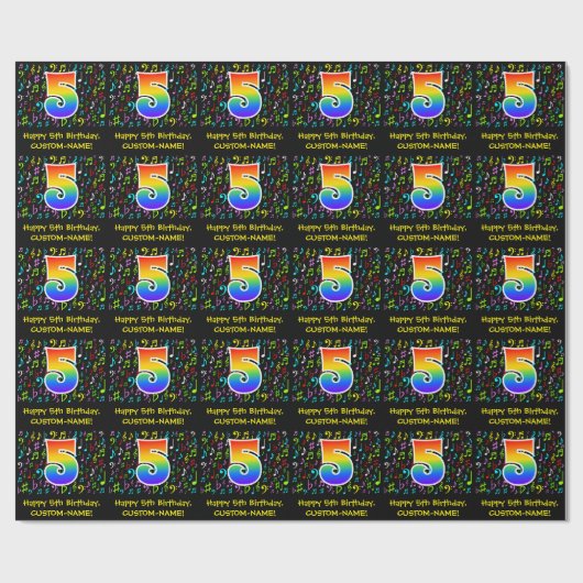 5誕生日:カラフル音楽シンボル、虹5 ラッピングペーパー (フラット)