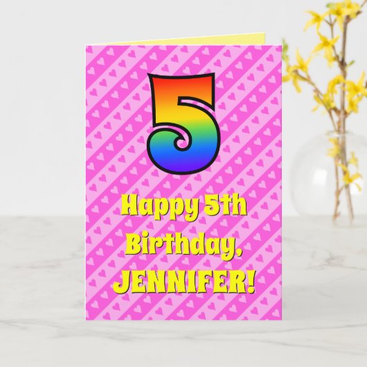 5誕生日:ピンクストライプのハート、レインボー5 カード (黄色い花)