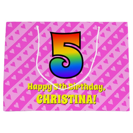 5誕生日：ピンクストライプのハート、レインボー5 ラージペーパーバッグ (正面)