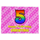 5誕生日：ピンクストライプのハート、レインボー5 ラージペーパーバッグ (裏面)