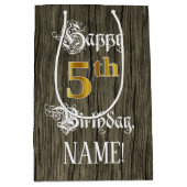 5誕生日:フェイク金ゴールドルック&ウッドフェイクパターン ミディアムペーパーバッグ (正面)