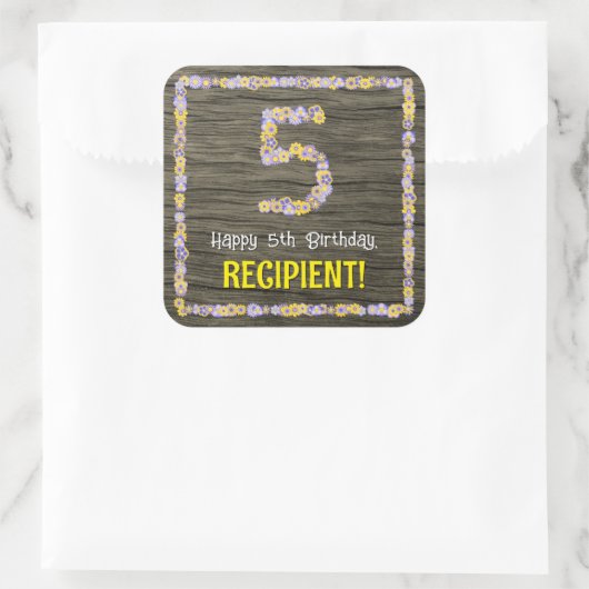 5誕生日:フローラ番号、フェイク木目、名前 スクエアシール (バッグ)