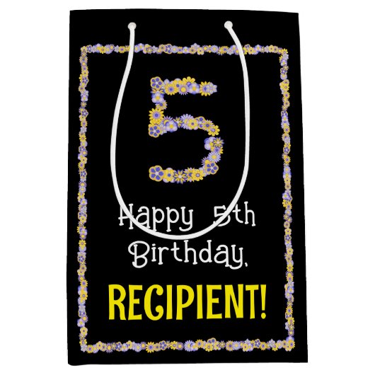 5誕生日:フローラ花数名前をカスタムする ミディアムペーパーバッグ (正面)