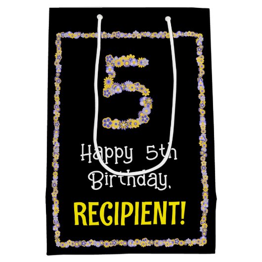 5誕生日:フローラ花数名前をカスタムする ミディアムペーパーバッグ (裏面)