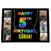 5誕生日:レインボー文字カスタム、写真&名前 ラージペーパーバッグ (正面)