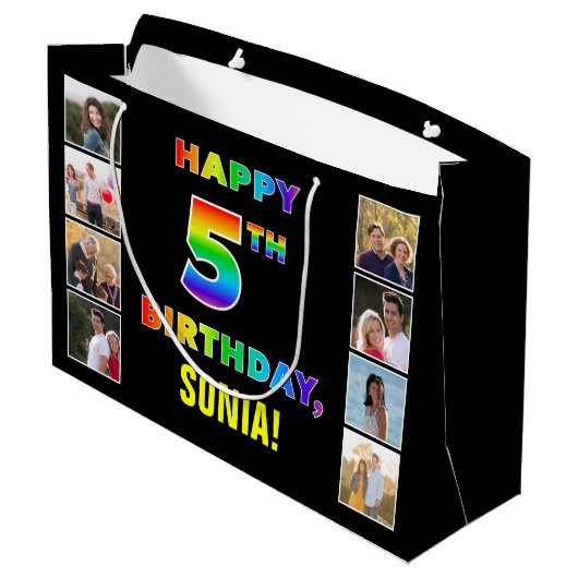 5誕生日：レインボー文字カスタム、写真&名前 ラージペーパーバッグ (裏面アングル)