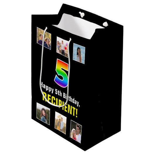 5誕生日：レインボー「5」、写真カスタムと名前 ミディアムペーパーバッグ (正面アングル)