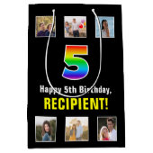 5誕生日：レインボー「5」、写真カスタムと名前 ミディアムペーパーバッグ (正面)