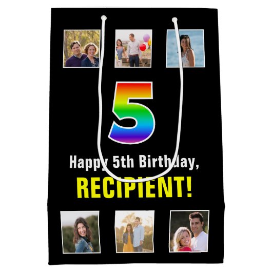 5誕生日：レインボー「5」、写真カスタムと名前 ミディアムペーパーバッグ (裏面)