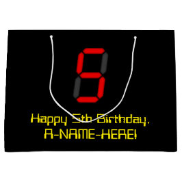 5誕生日:レッドデジタルクロックスタイル"5" +名前 ラージペーパーバッグ