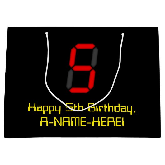 5誕生日：レッドデジタルクロックスタイル"5" +名前 ラージペーパーバッグ (正面)