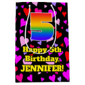 5誕生日:愛するハートパターン、虹# 5 ミディアムペーパーバッグ (正面)