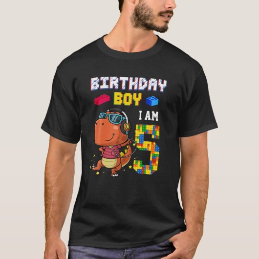 5誕生日Tレックスギフト5歳ブロック建物 Tシャツ (正面)