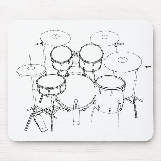5部分のドラムキット: 黒く及び白いスケッチ: マウスパッド (正面)