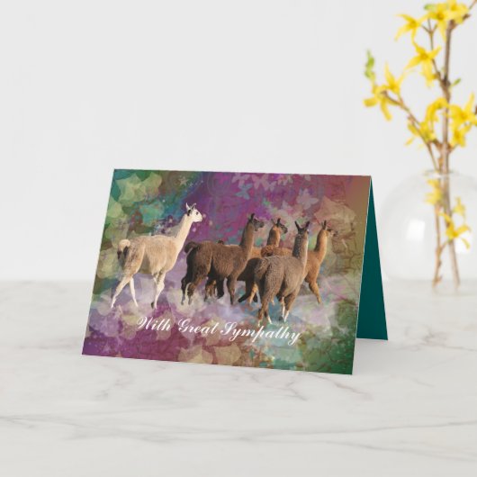 5頭の白い及びブラウンのラマが付いているラマの悔やみや弔慰カード カード (黄色い花)