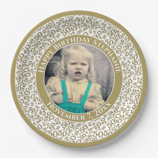 50あなたの写真の乱数パターン金ゴールド/白 ペーパープレート (正面)