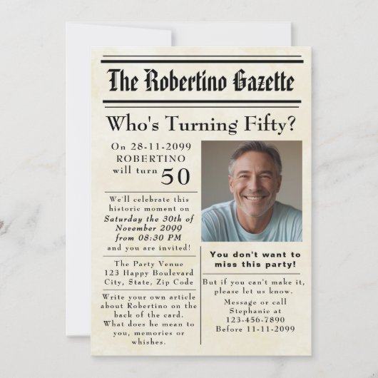 50おもしろい新聞を回す誕生日 招待状 (正面)