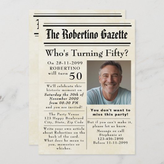 50おもしろい新聞を回す誕生日 招待状 (正面/裏面)