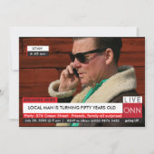 50おもしろい誕生日招待状🎉フェイクTVニュース 招待状 (正面)