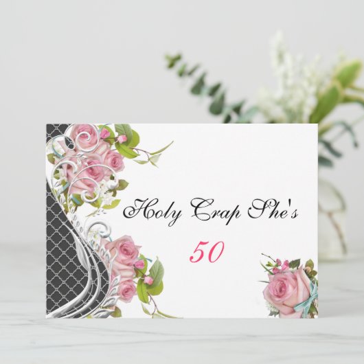50おもしろい誕生日招待状、ヴィンテージピンクローズ 招待状 (スタンド正面)
