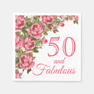 50およびすばらしいピンクの花柄 の第50誕生会 スタンダードカクテルナプキン