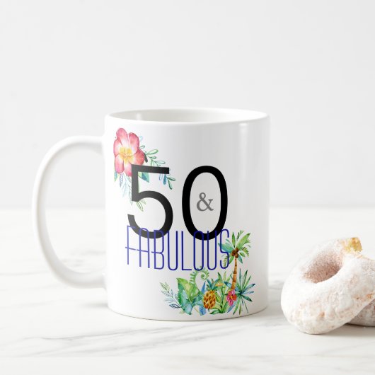 50およびすばらしい熱帯第50誕生日 コーヒーマグカップ (ドーナツ)