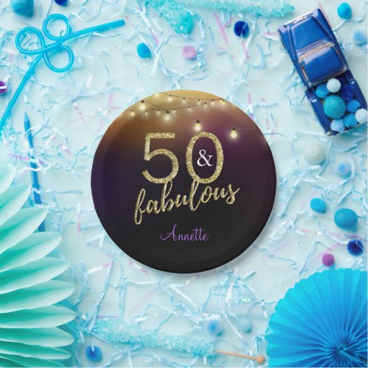 50およびすばらしい金ゴールドの星の紫色の誕生会 ペーパープレート (パーティー)