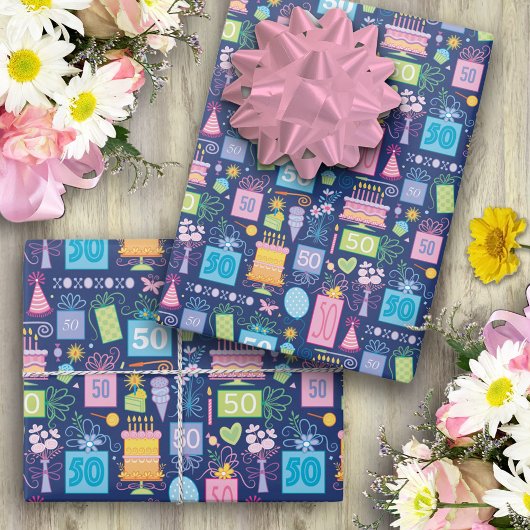 50お誕生日ケーキプレゼントバルーン青 ラッピングペーパーシート