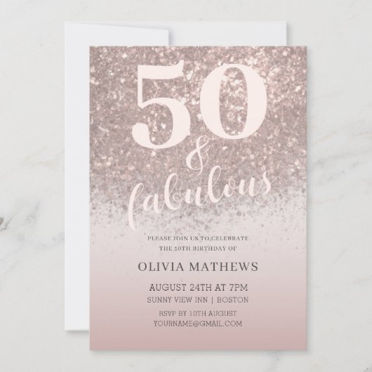 50とエレガント素晴らしいグリッターバラ金ゴールド誕生日 招待状 (正面)