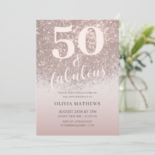 50とエレガント素晴らしいグリッターバラ金ゴールド誕生日 招待状 (スタンド正面)