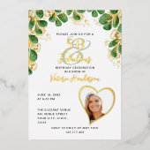 50とエレガント素晴らしいフォトグリーナリー誕生日 箔招待状 (正面)