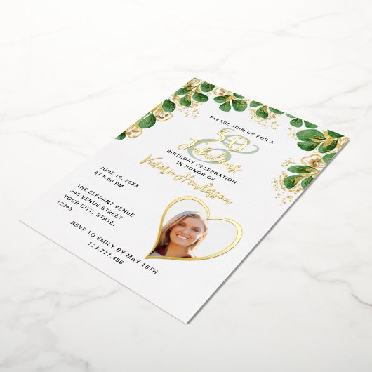 50とエレガント素晴らしいフォトグリーナリー誕生日 箔招待状 (回転した状態)