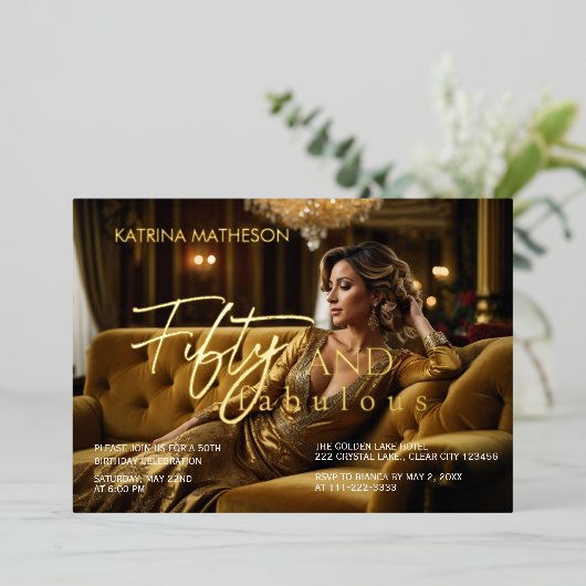 50とエレガント素晴らしいフォトゴールドフォイルのインビタット 箔招待状 (立ち正面)