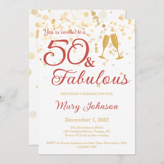 50とエレガント素晴らしい金ゴールドグリッター誕生日 招待状 (正面/裏面)