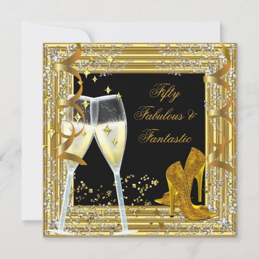 50とファンタスティックな素晴らしい金ゴールドブラック 招待状 (正面)