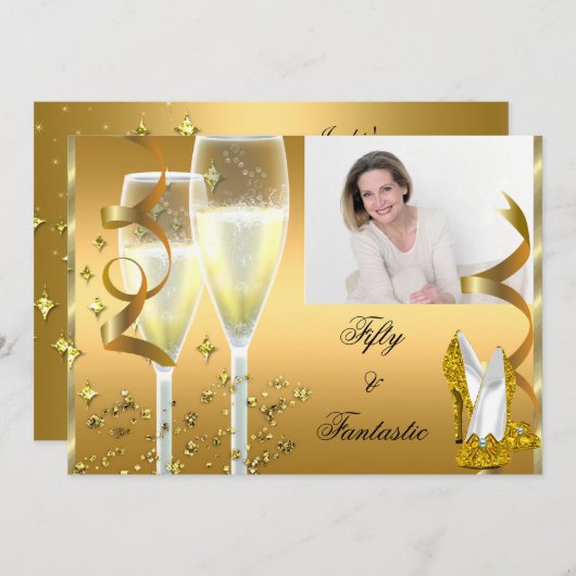 50とファンタスティックエレガントシャンパンシューズ金ゴールド写真 招待状 (正面/裏面)