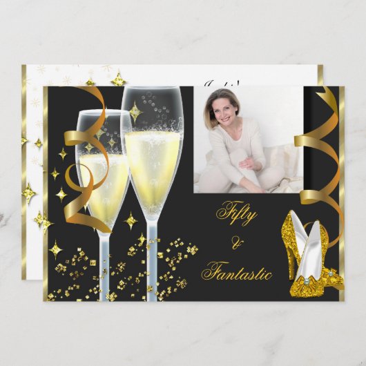 50とファンタスティックエレガントシャンパンシューズ金ゴールド写真 招待状 (正面/裏面)