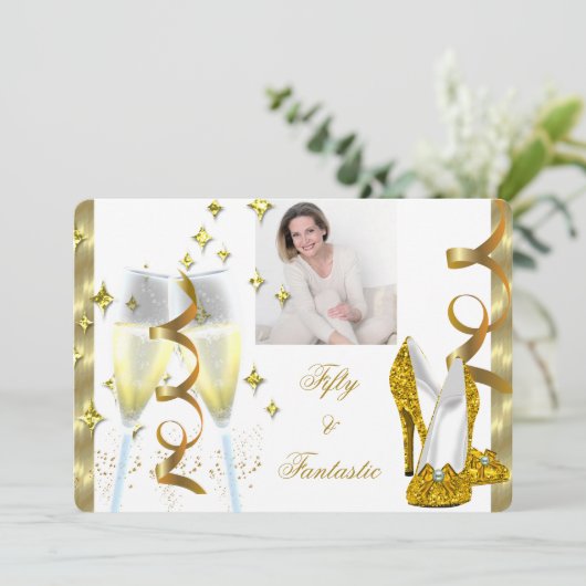 50とファンタスティックエレガントシャンパンヒール金ゴールド写真 招待状 (スタンド正面)
