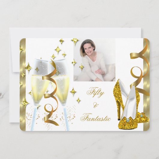 50とファンタスティックエレガントシャンパンヒール金ゴールド写真 招待状 (正面)
