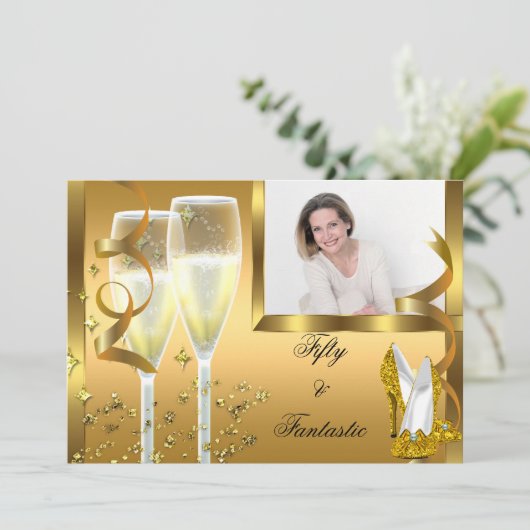 50とファンタスティックエレガントシャンパンヒール金ゴールド写真 招待状 (スタンド正面)